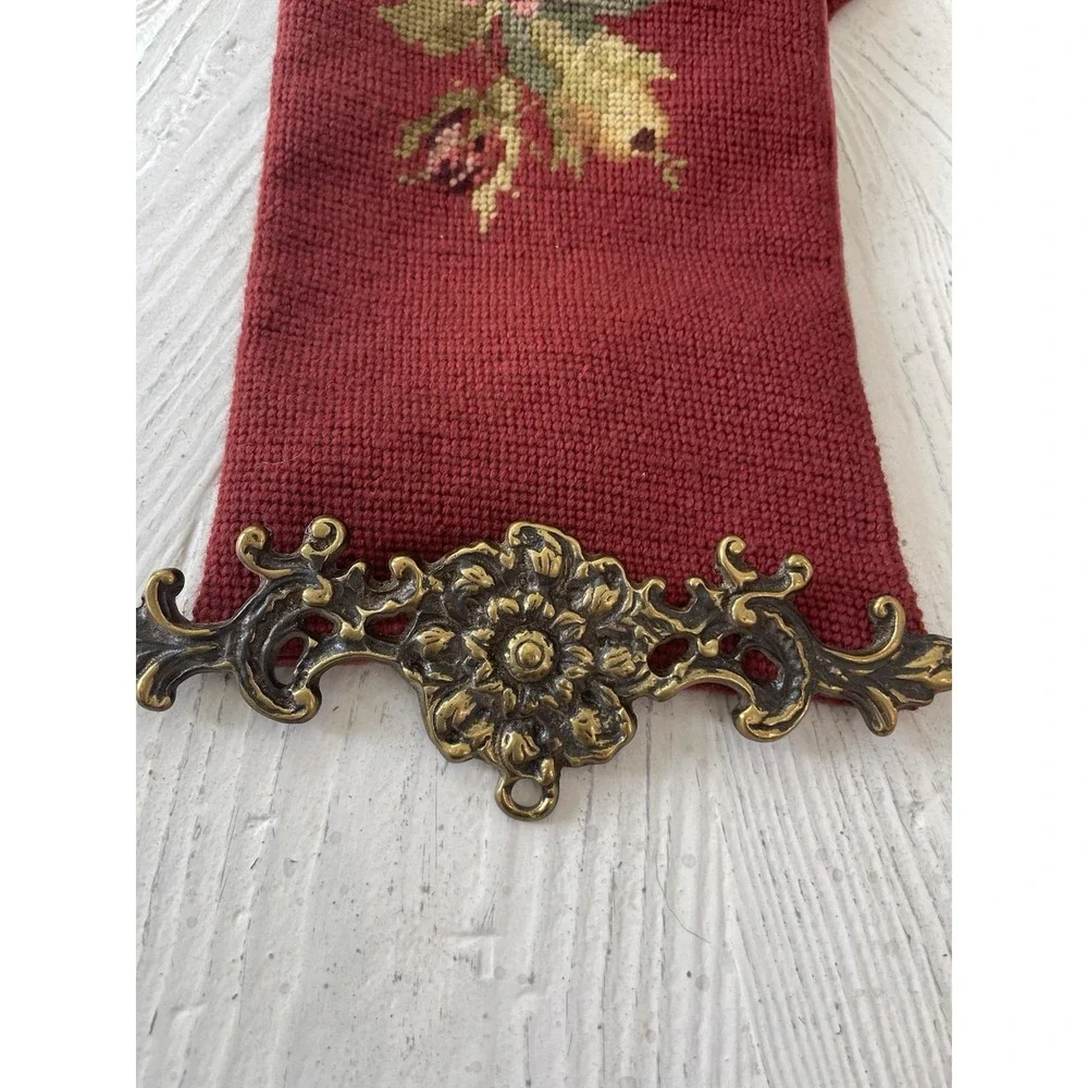 Vtg Burgundy Needlepoint Tapestry Ornate Brass Bell Pull Wall Hanging 63